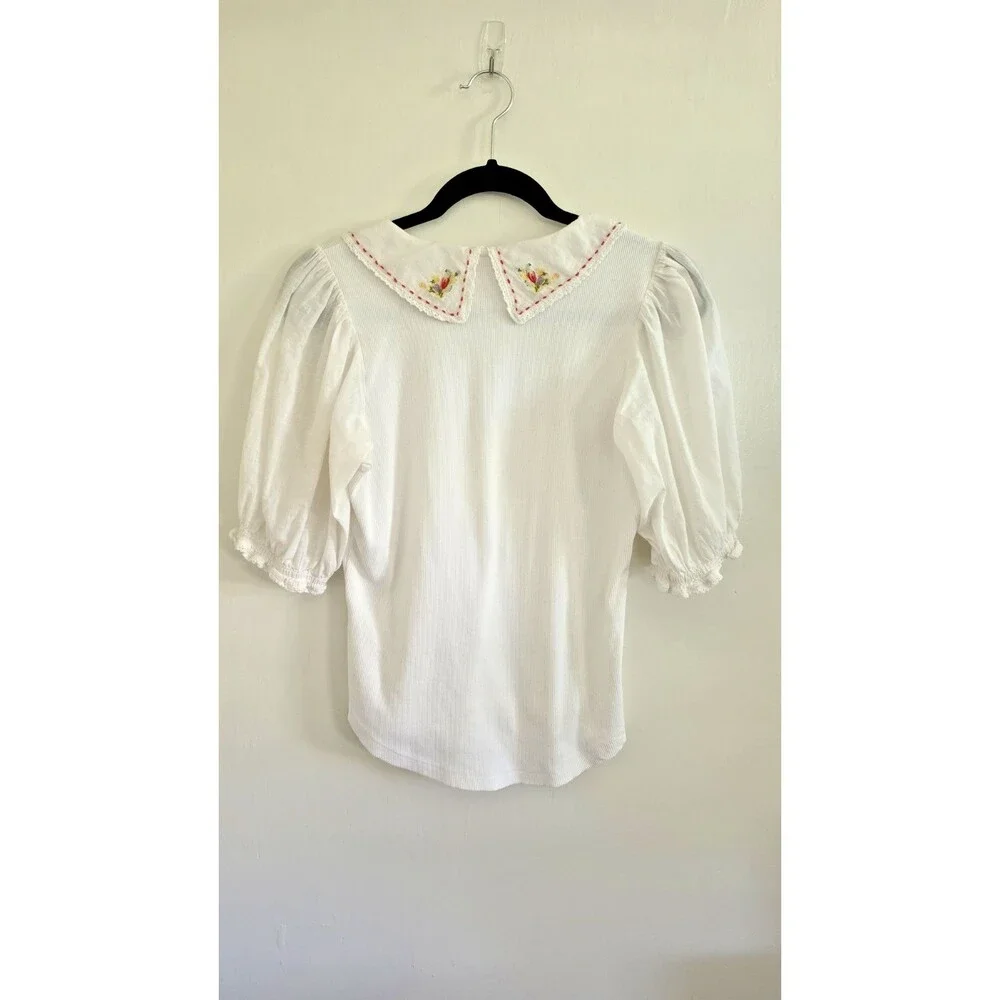 Anthropologie Floral Embroidered Collar Puff Sleeve Boho White Top Sz S